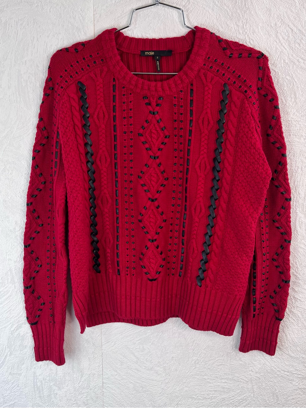 Maje Red Braided-Trim Cable Knit Sweater With Faux Leather Woven In Size Small